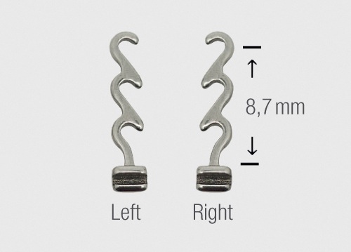 Klemmbare Häkchen lang spiralförmig .022 rechts Länge 8.7 mm 10/PK Klemmbare Häkchen lang spiralförmig .022 rechts Länge 8.7 mm 10/PK